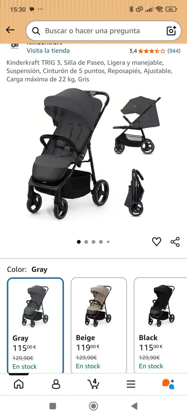 Kinderkraft TRIG 3, Silla de Paseo Ligera, Ajustable, hasta 22 kg, Gris