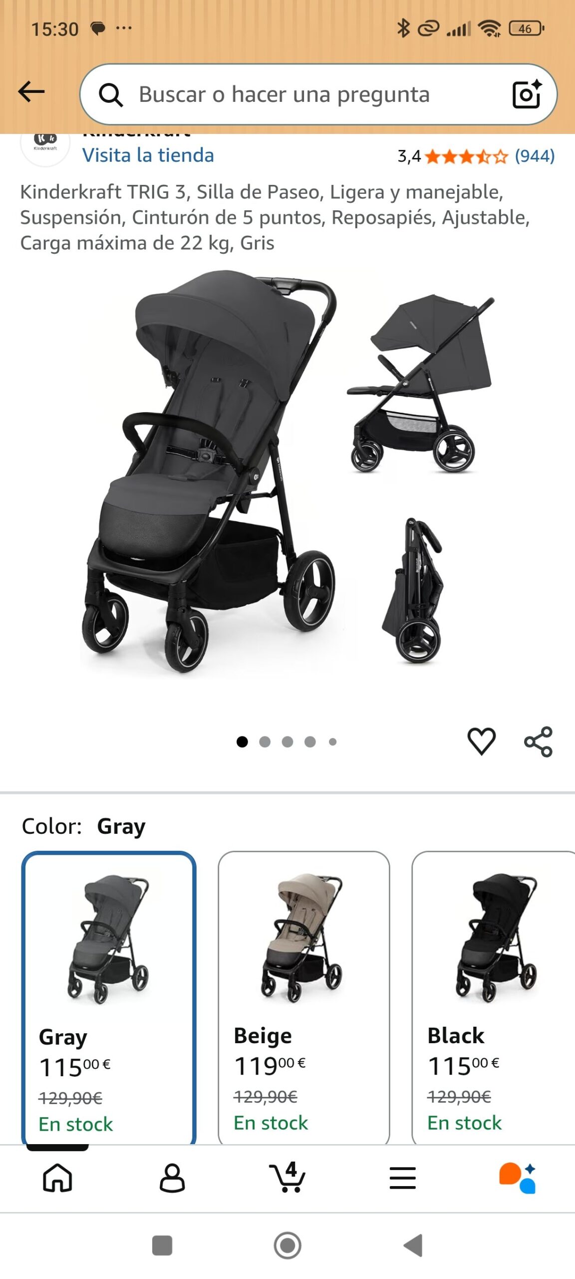 Kinderkraft TRIG 3, Silla de Paseo Ligera, Ajustable, hasta 22 kg, Gris: imagen 1