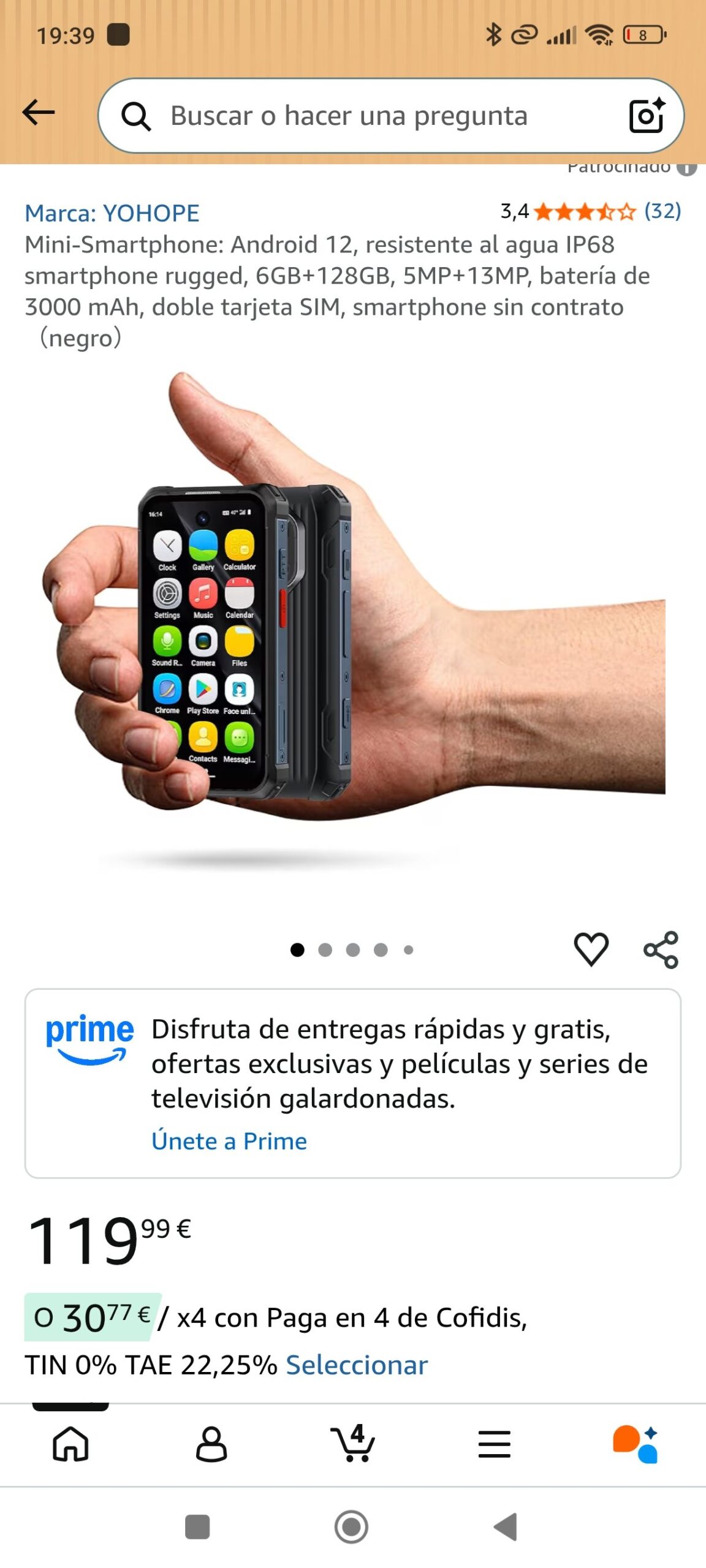 Mini-Smartphone: Android 12, resistente al agua IP68 smartphone rugged, 6GB+128GB, 5MP+13MP: imagen 1
