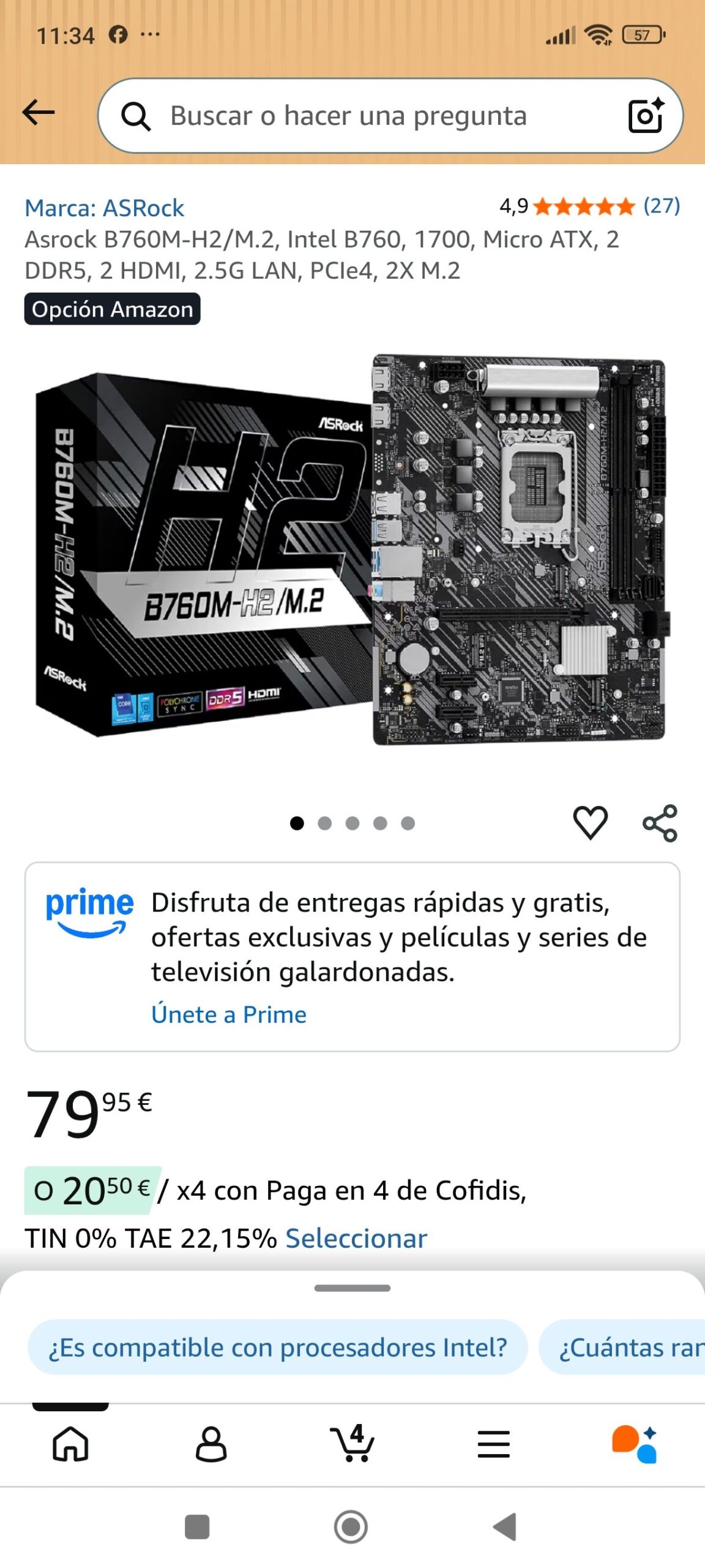 Asrock B760M-H2/M.2, Intel B760, 1700, Micro ATX, 2 DDR5, 2 HDMI, 2.5G LAN, PCIe4, 2X M.2: imagen 1