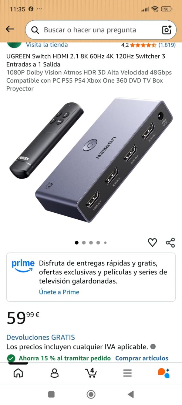 ugreen switch hdmi 3 entrada en 1 salida