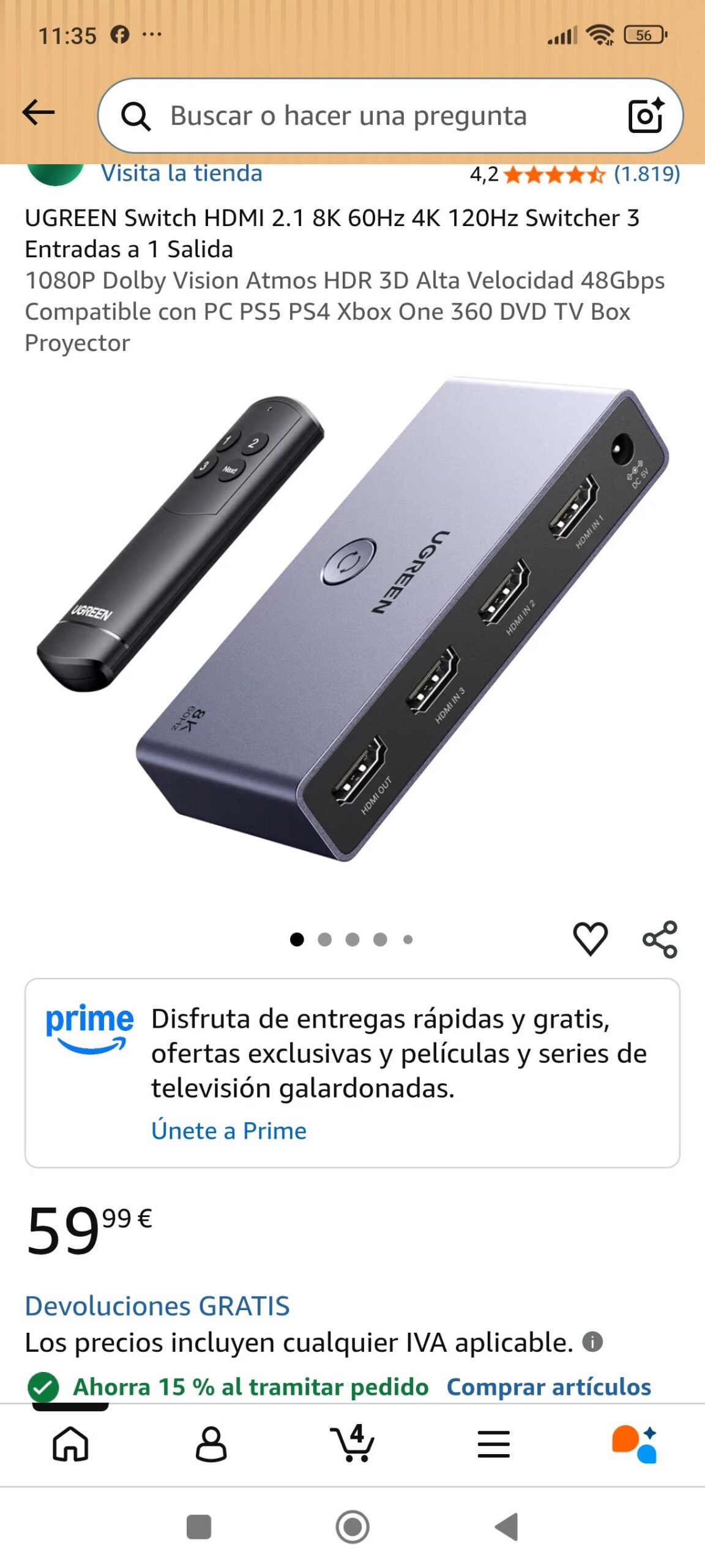 ugreen switch hdmi 3 entrada en 1 salida: imagen 1