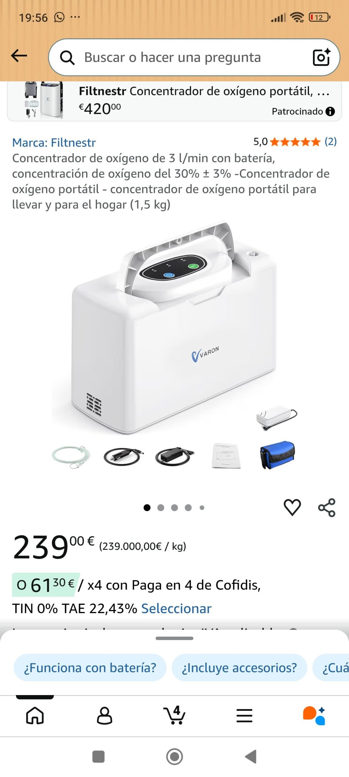 concentrador de oxígeno de 3l/min con batería: imagen 1