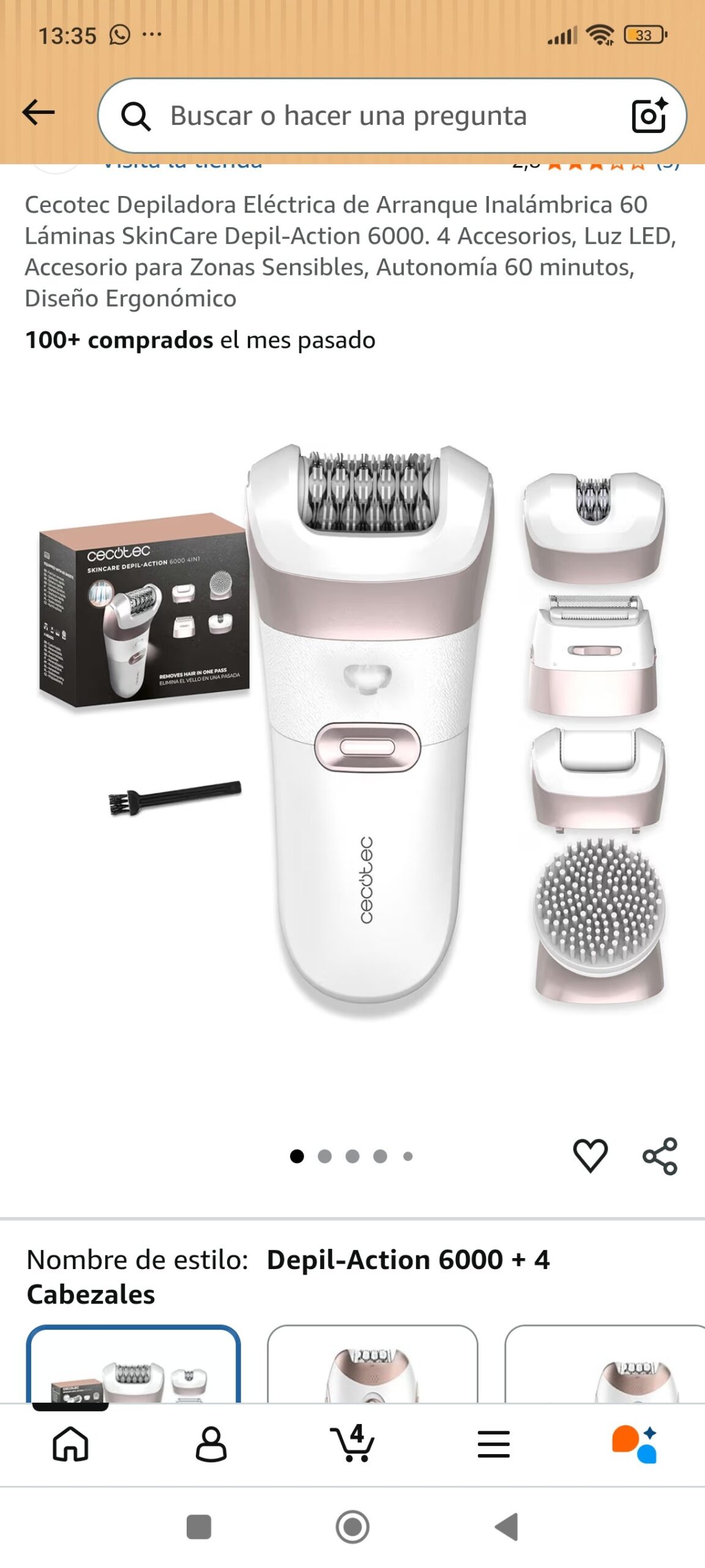 Depiladora eléctrica inalámbrica Cecotec SkinCare Depil-Action 6000 4in1 con 4 cabezales y luz LED – Blanca: imagen 2