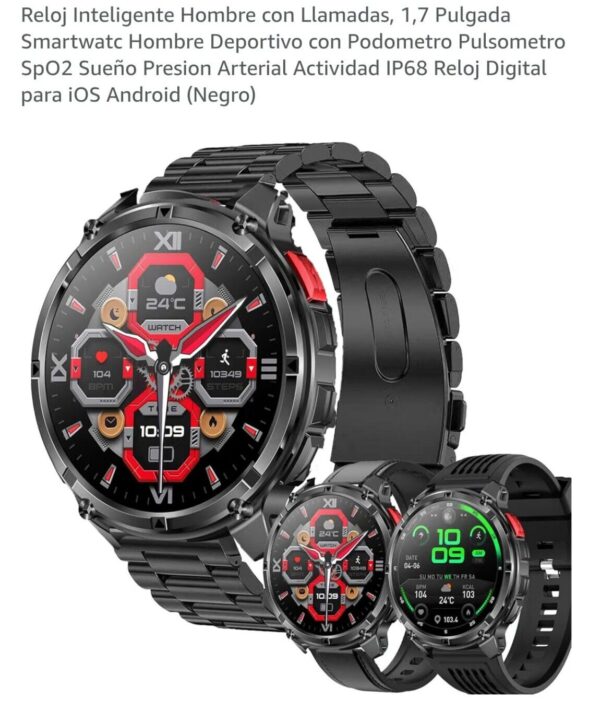 Smartwatch MYSHUN 1,7″ con llamadas Bluetooth, 123 modos deportivos y 3 correas – Negro