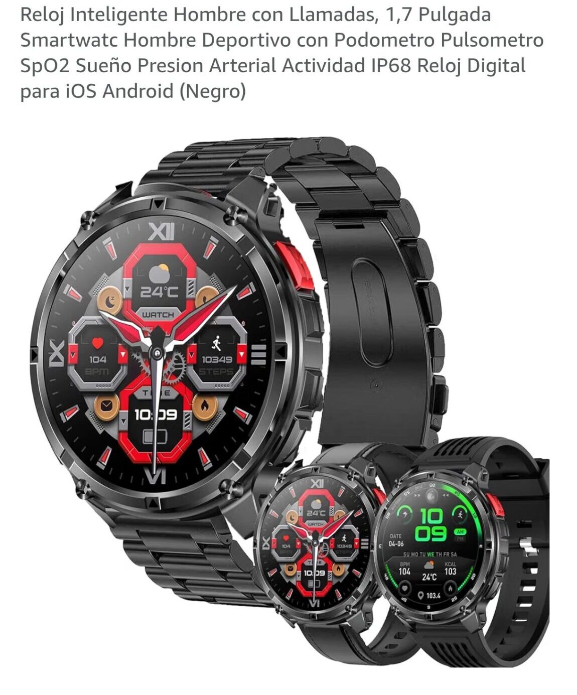 Smartwatch MYSHUN 1,7″ con llamadas Bluetooth, 123 modos deportivos y 3 correas – Negro: imagen 1