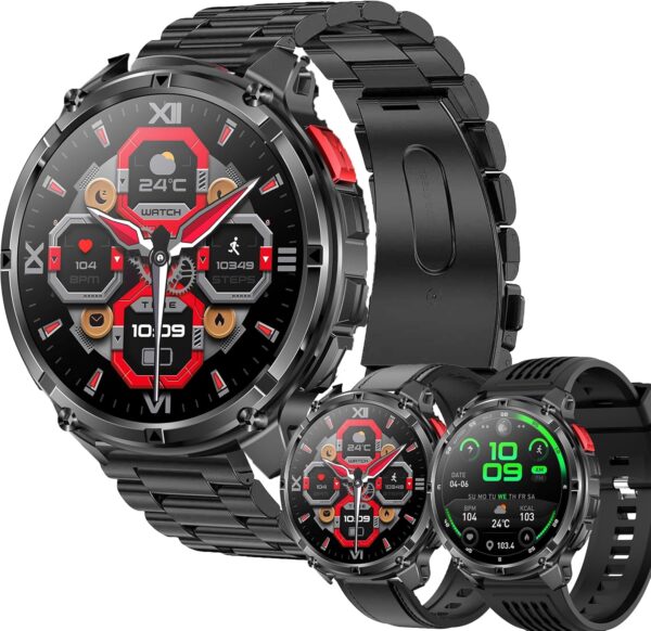 Smartwatch MYSHUN 1,7″ con llamadas Bluetooth, 123 modos deportivos y 3 correas – Negro