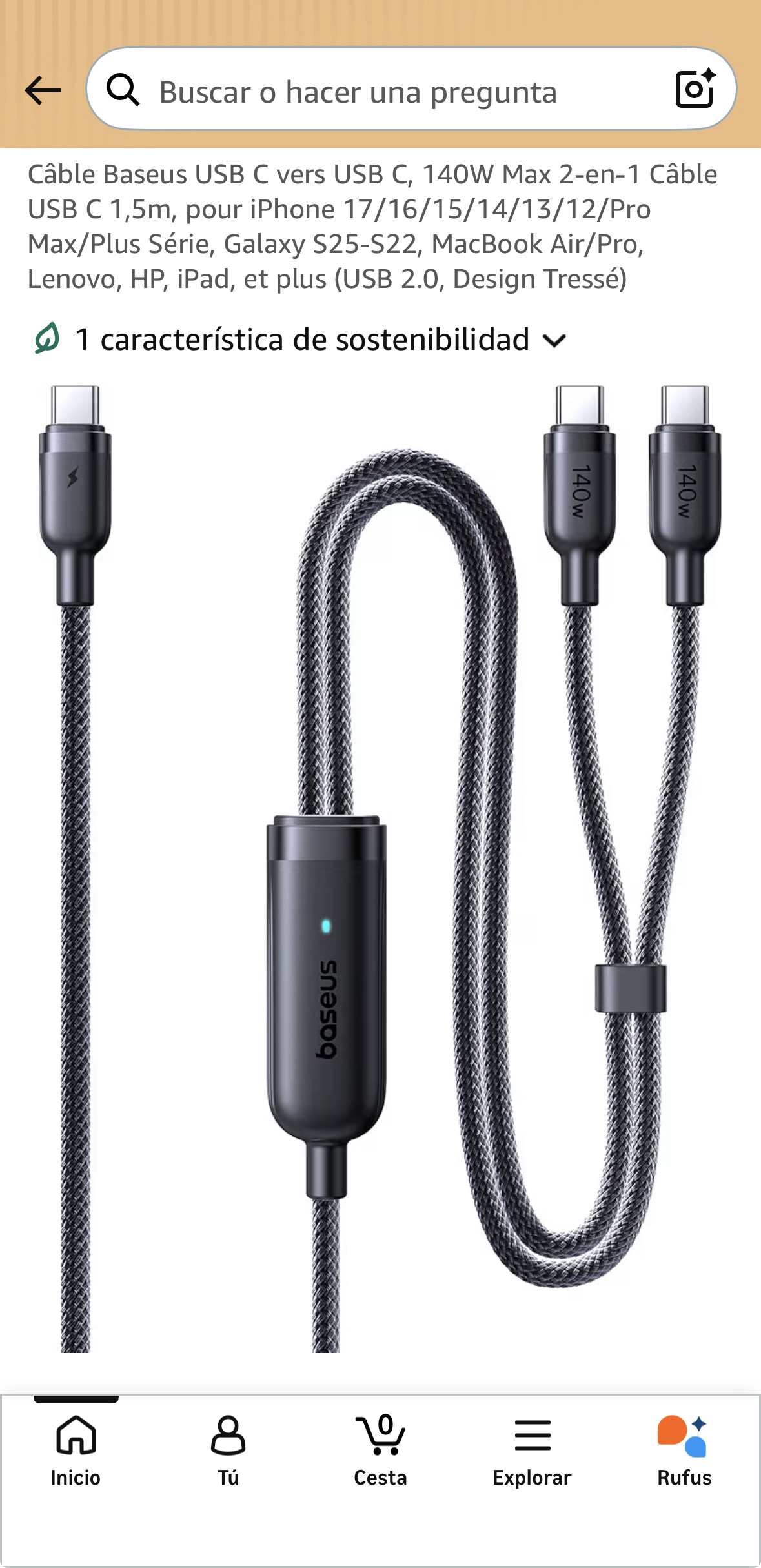 Cable USB C 2 a 1