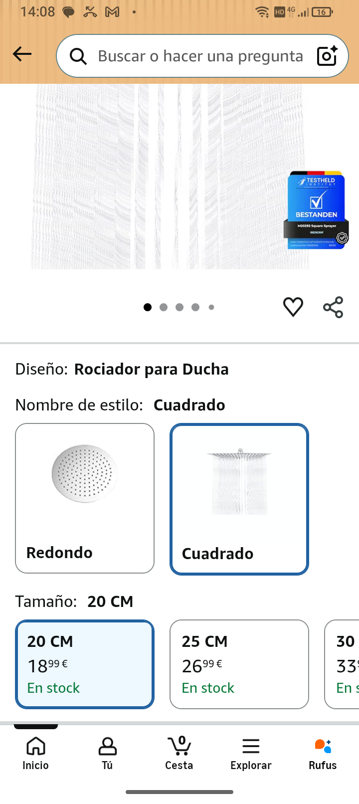 ducha de 20cm cuadrada